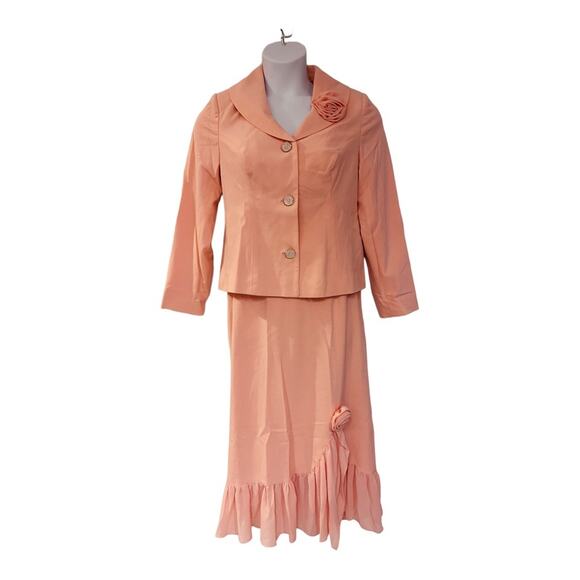 Midnight Velvet Ruffle Rosette Peach Fuzz Formal Wedding Church Midi Skirt Suit - Picture 1 of 14